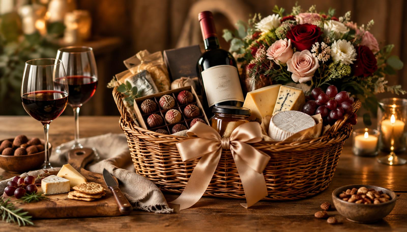 Cesta de presente gourmet montada com frutas, pães e flores ao lado de um celular