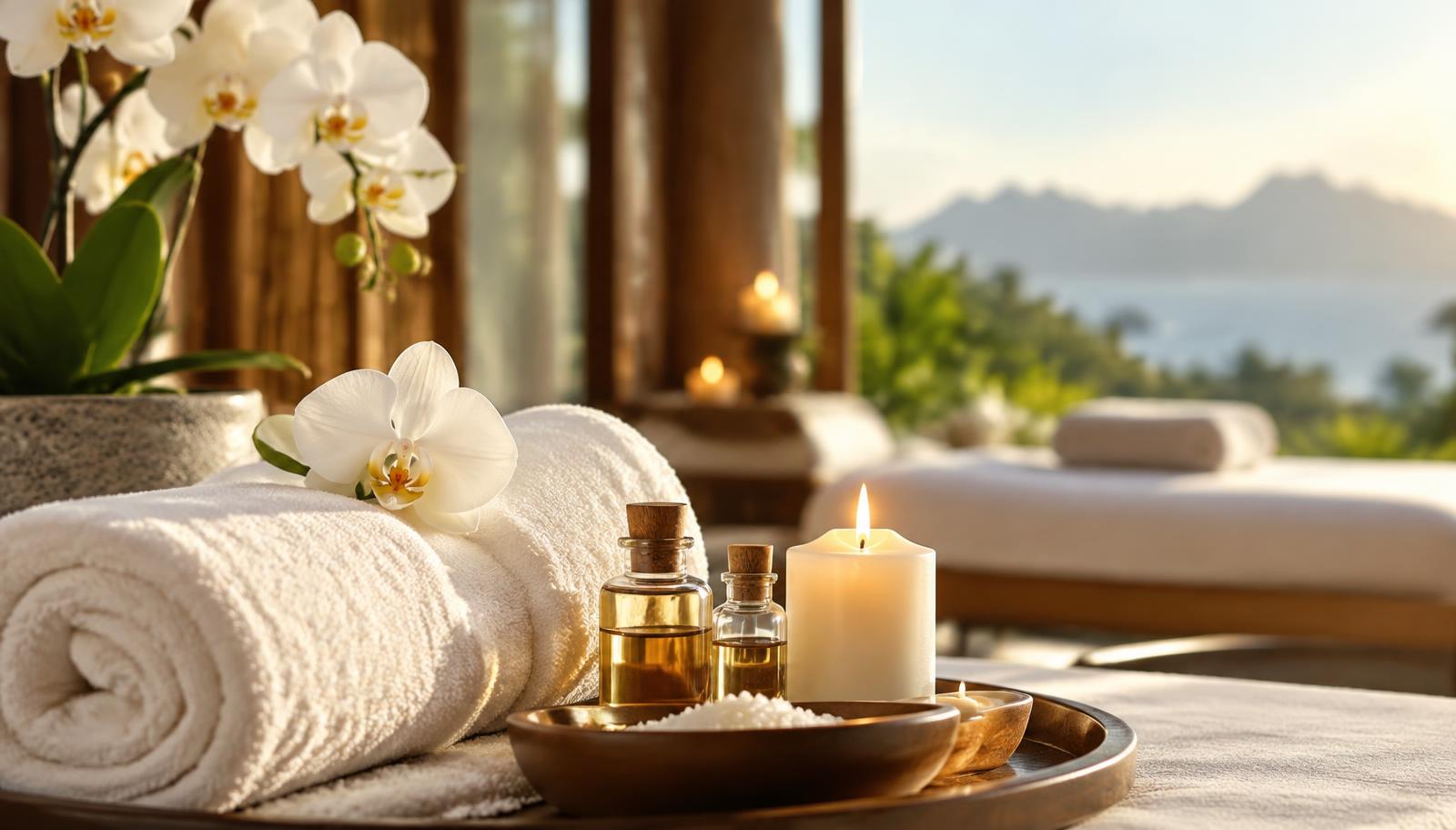 Ambiente de spa com toalhas, velas, orquídeas e óleos aromáticos