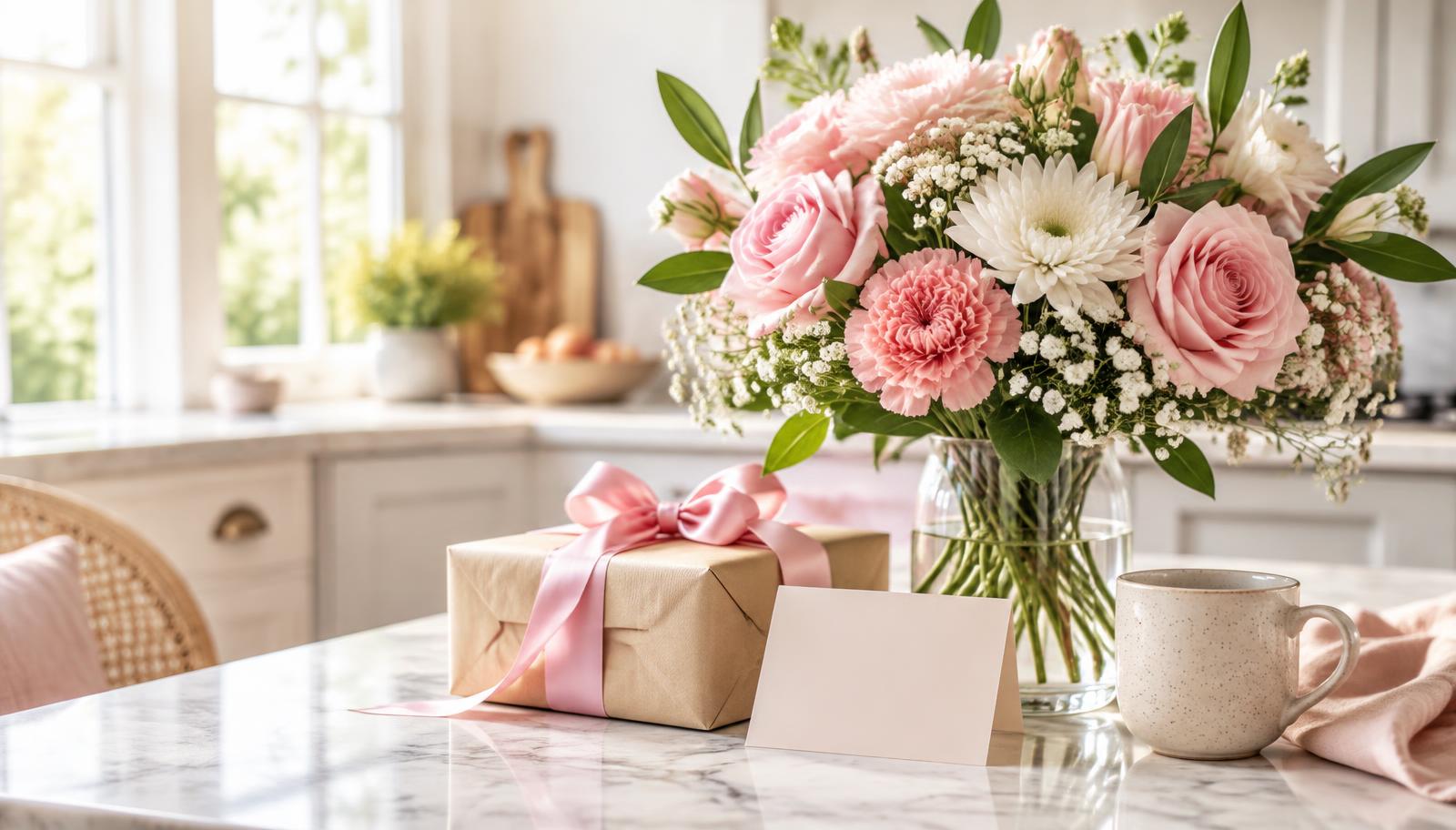 Calendário com datas marcadas ao lado de flores e caixas de presente