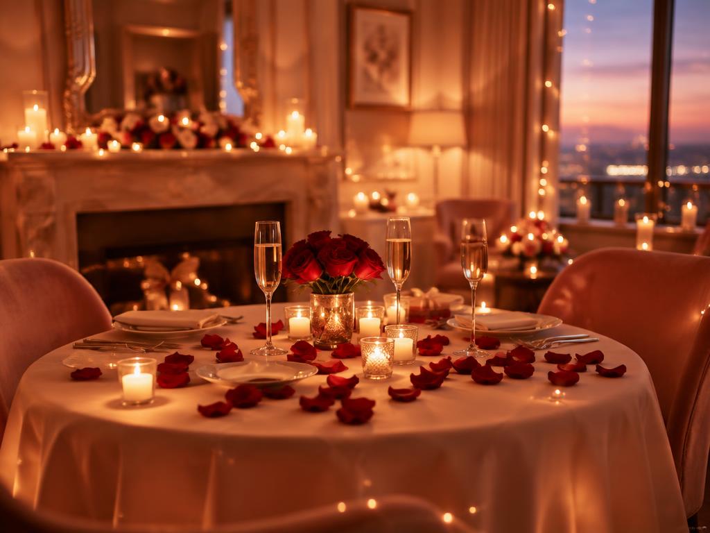 Casal aproveitando um jantar romântico decorado com velas e flores