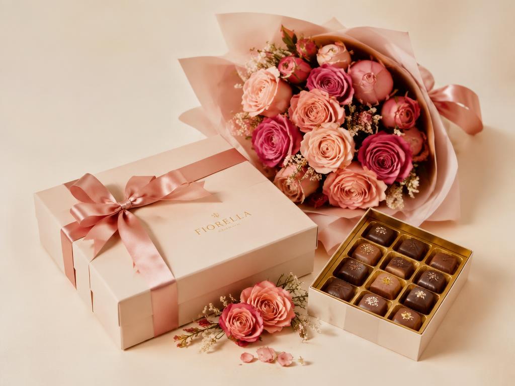 Seleção de presentes embalados com flores, cestas e chocolates do Presenteando